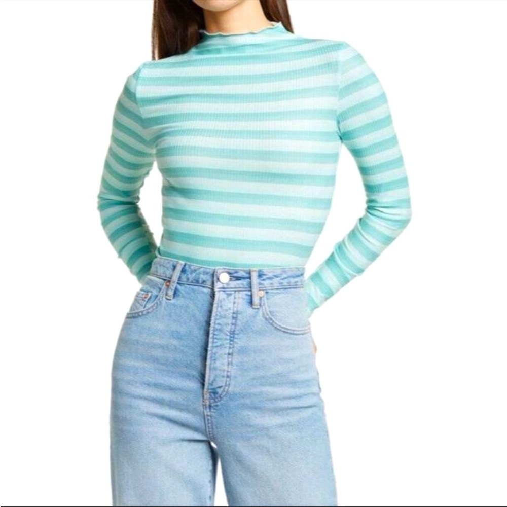 Cali Be Ribbed Ruffled Mock Neck Stripped Long Sleeve